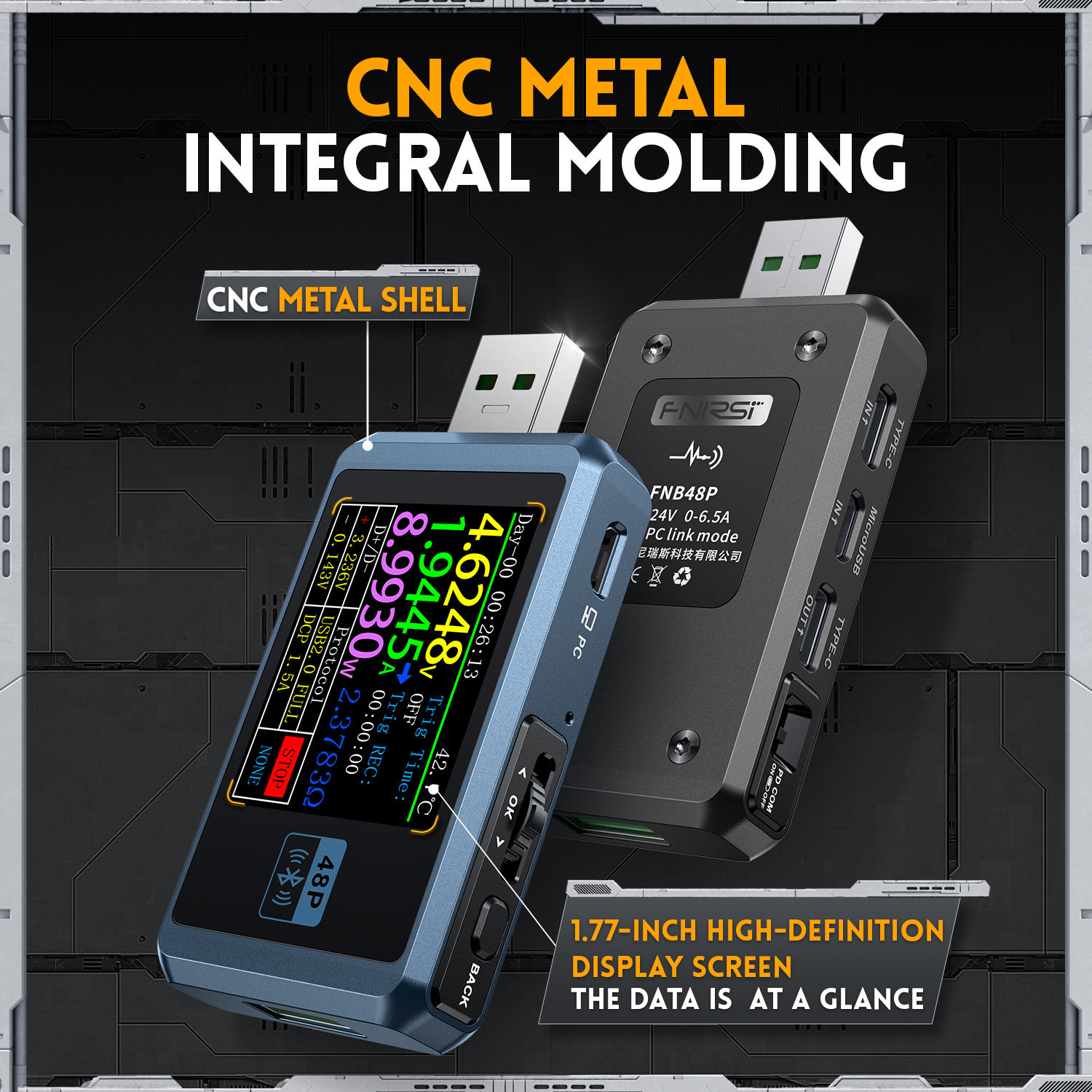 FNIRSI FNB48P BT USB Tester Voltmeter Ammeter TYPE-C Fast Charge Detection Trigger Capacity Ripple Measurement with CNC Metal Shell - Image 3