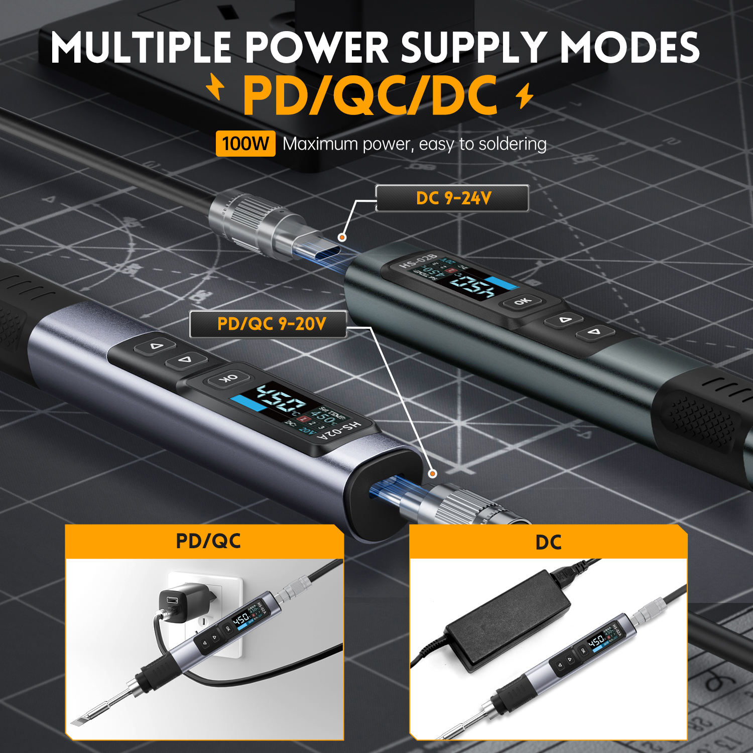 FNIRSI HS-02 DC 24V 100W Welding Station, 100-450°C Adjustable Temperature Electric Soldering Iron with PD Support - 图片 5